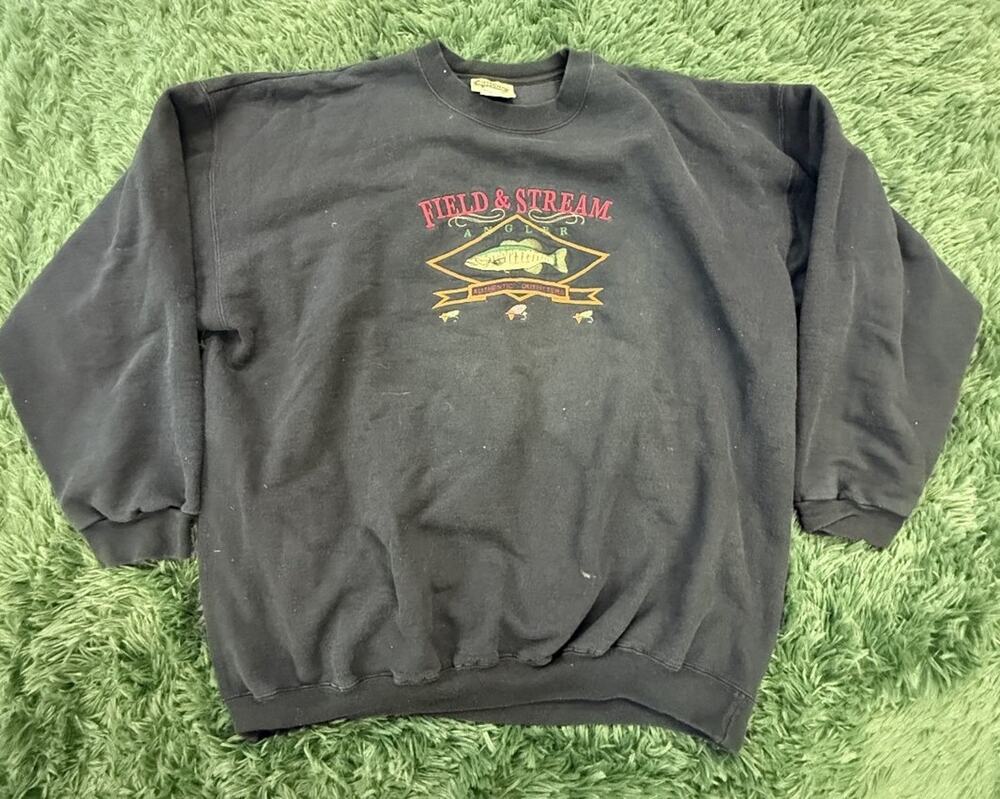 VTG Field & Stream Angler Men's XL Black Embroidered Crewneck Sweatshirt Fishing